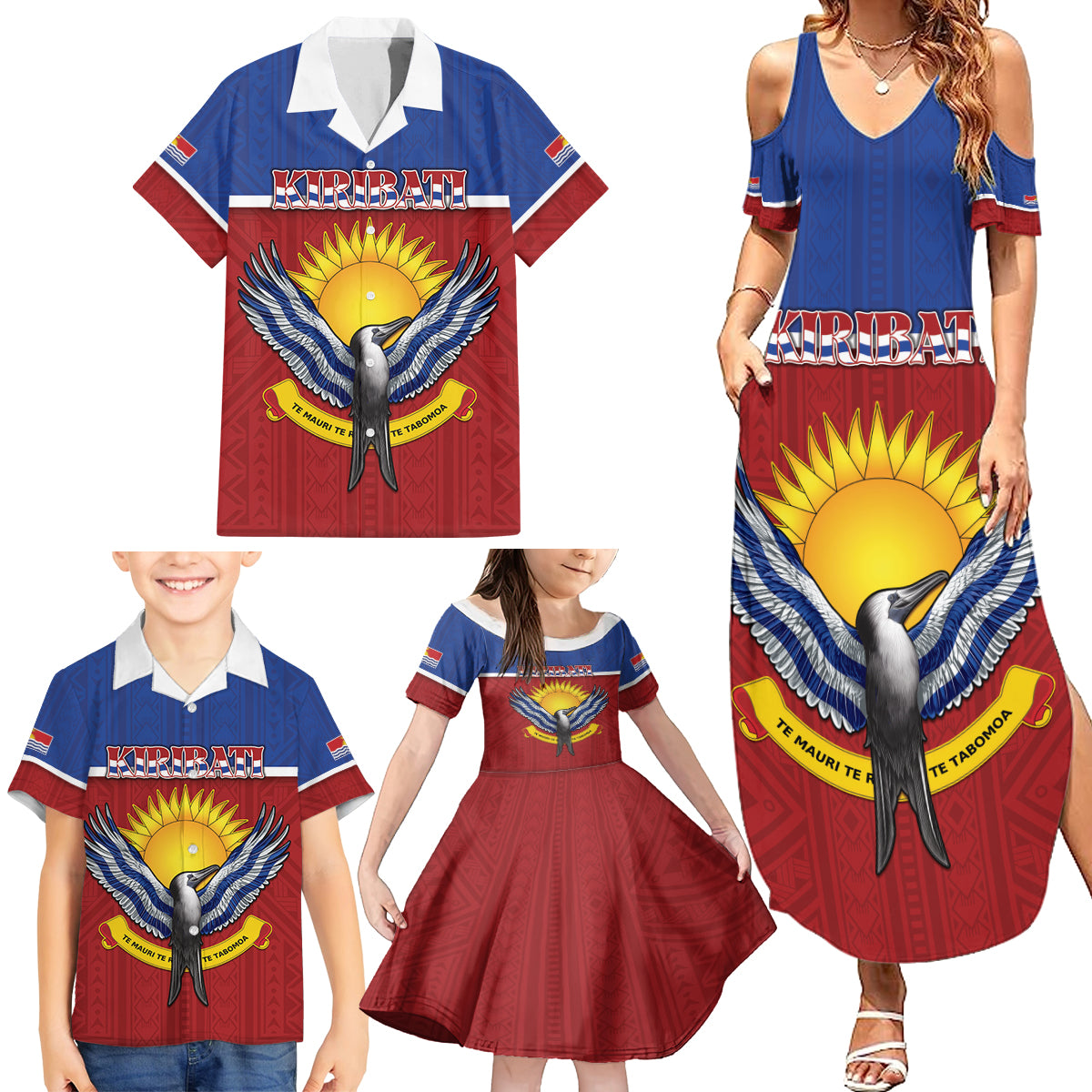 Kiribati 45th Independence Day Family Matching Summer Maxi Dress and Hawaiian Shirt Lesser Frigatebird Tribal Pattern LT05 - Polynesian Pride