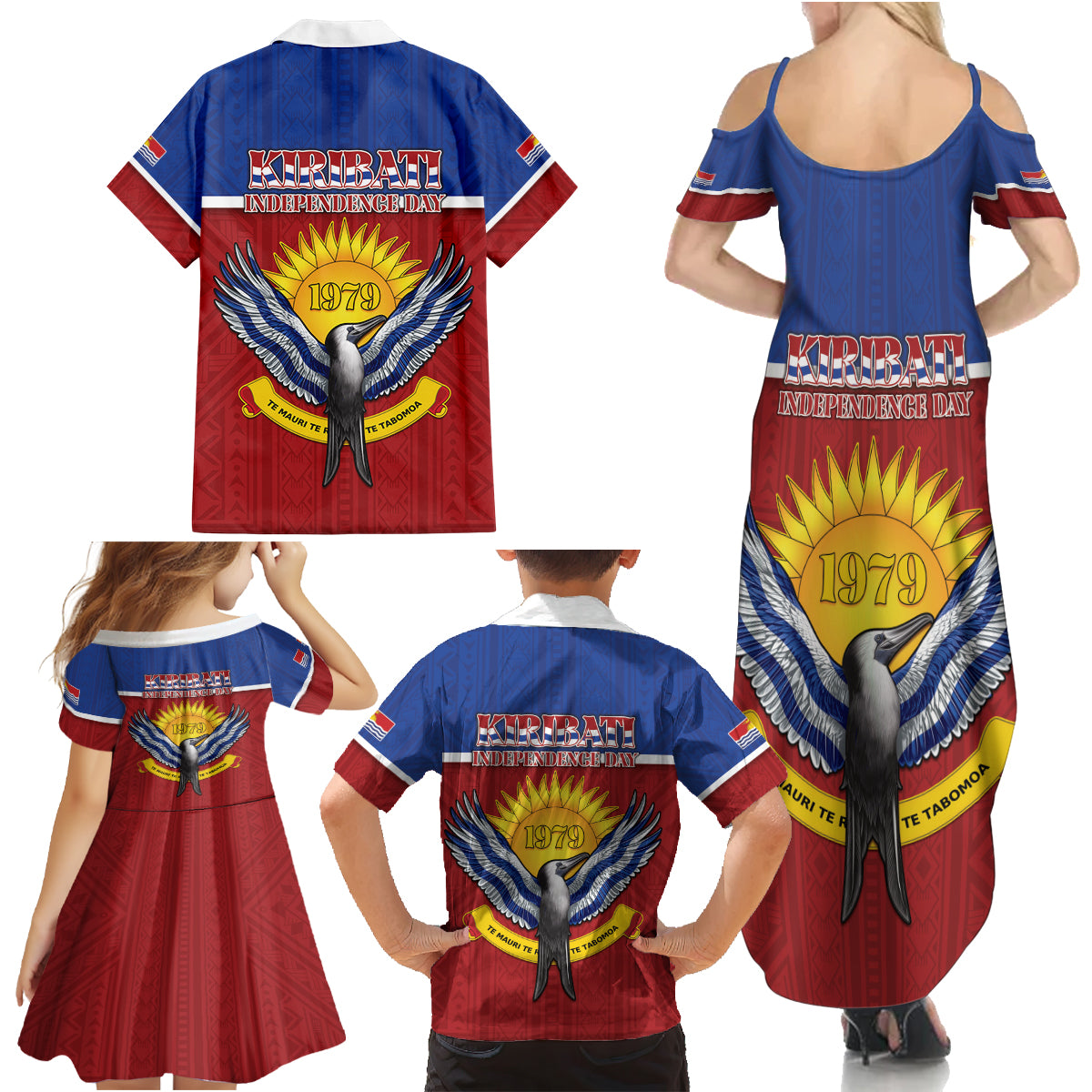 Kiribati 45th Independence Day Family Matching Summer Maxi Dress and Hawaiian Shirt Lesser Frigatebird Tribal Pattern LT05 - Polynesian Pride