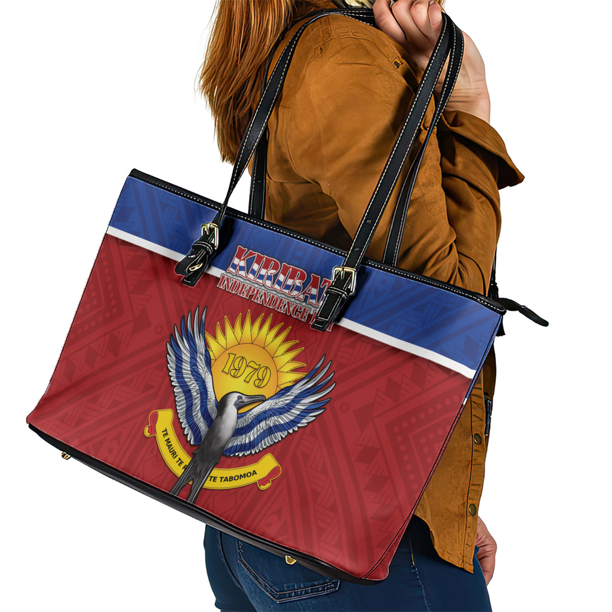 Kiribati 45th Independence Day Leather Tote Bag Lesser Frigatebird Tribal Pattern