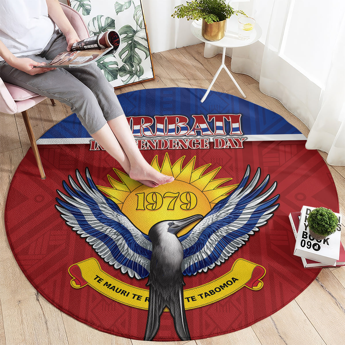 Kiribati 45th Independence Day Round Carpet Lesser Frigatebird Tribal Pattern
