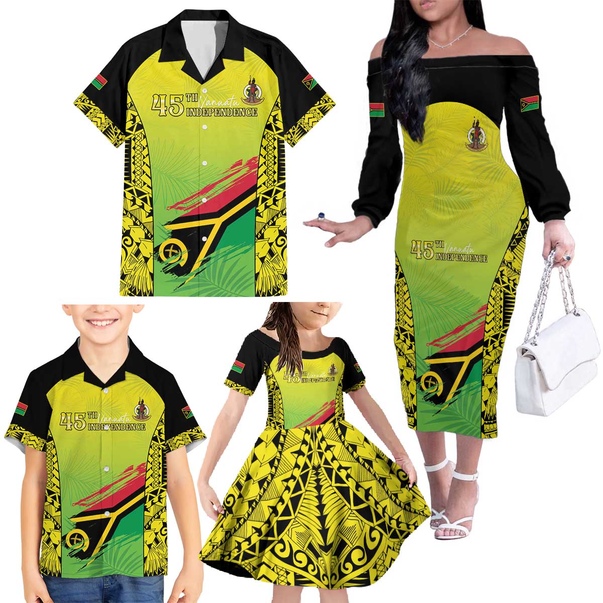 Vanuatu 45th Independence Family Matching Off The Shoulder Long Sleeve Dress and Hawaiian Shirt Special Style LT05 - Polynesian Pride