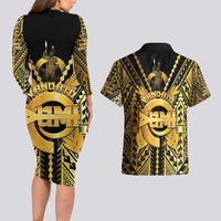 Vanuatu 45th Anniversary Of Independence Couples Matching Long Sleeve Bodycon Dress and Hawaiian Shirt Gold Style LT05 - Polynesian Pride
