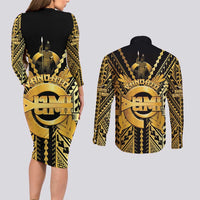 Vanuatu 45th Anniversary Of Independence Couples Matching Long Sleeve Bodycon Dress and Long Sleeve Button Shirt Gold Style LT05 - Polynesian Pride