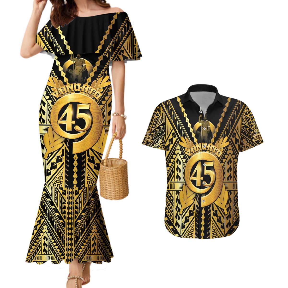 Vanuatu 45th Anniversary Of Independence Couples Matching Mermaid Dress and Hawaiian Shirt Gold Style LT05 Gold - Polynesian Pride