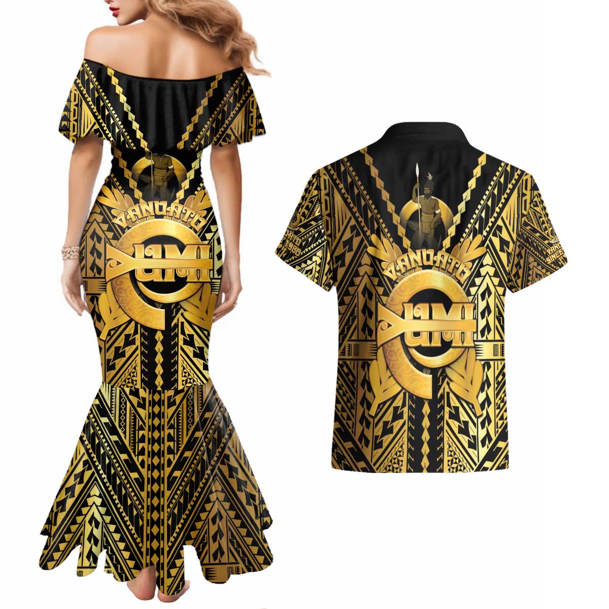 Vanuatu 45th Anniversary Of Independence Couples Matching Mermaid Dress and Hawaiian Shirt Gold Style LT05 - Polynesian Pride