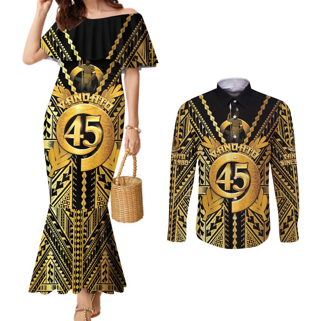 Vanuatu 45th Anniversary Of Independence Couples Matching Mermaid Dress and Long Sleeve Button Shirt Gold Style LT05 Gold - Polynesian Pride