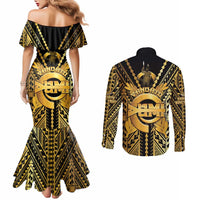 Vanuatu 45th Anniversary Of Independence Couples Matching Mermaid Dress and Long Sleeve Button Shirt Gold Style LT05 - Polynesian Pride