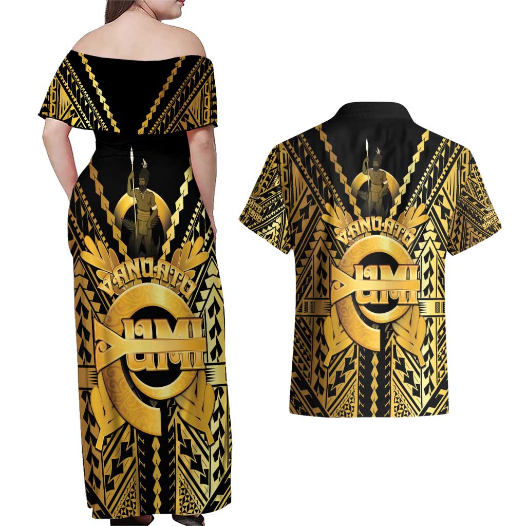 Vanuatu 45th Anniversary Of Independence Couples Matching Off Shoulder Maxi Dress and Hawaiian Shirt Gold Style LT05 - Polynesian Pride