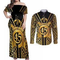 Vanuatu 45th Anniversary Of Independence Couples Matching Off Shoulder Maxi Dress and Long Sleeve Button Shirt Gold Style LT05 Gold - Polynesian Pride