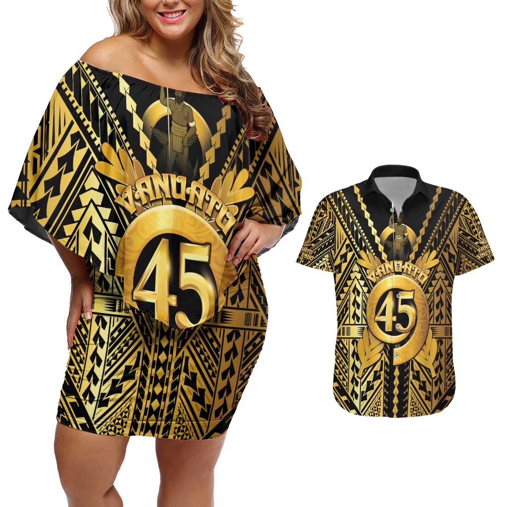 Vanuatu 45th Anniversary Of Independence Couples Matching Off Shoulder Short Dress and Hawaiian Shirt Gold Style LT05 Gold - Polynesian Pride