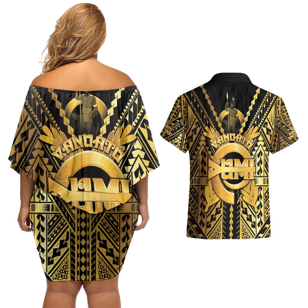 Vanuatu 45th Anniversary Of Independence Couples Matching Off Shoulder Short Dress and Hawaiian Shirt Gold Style LT05 - Polynesian Pride