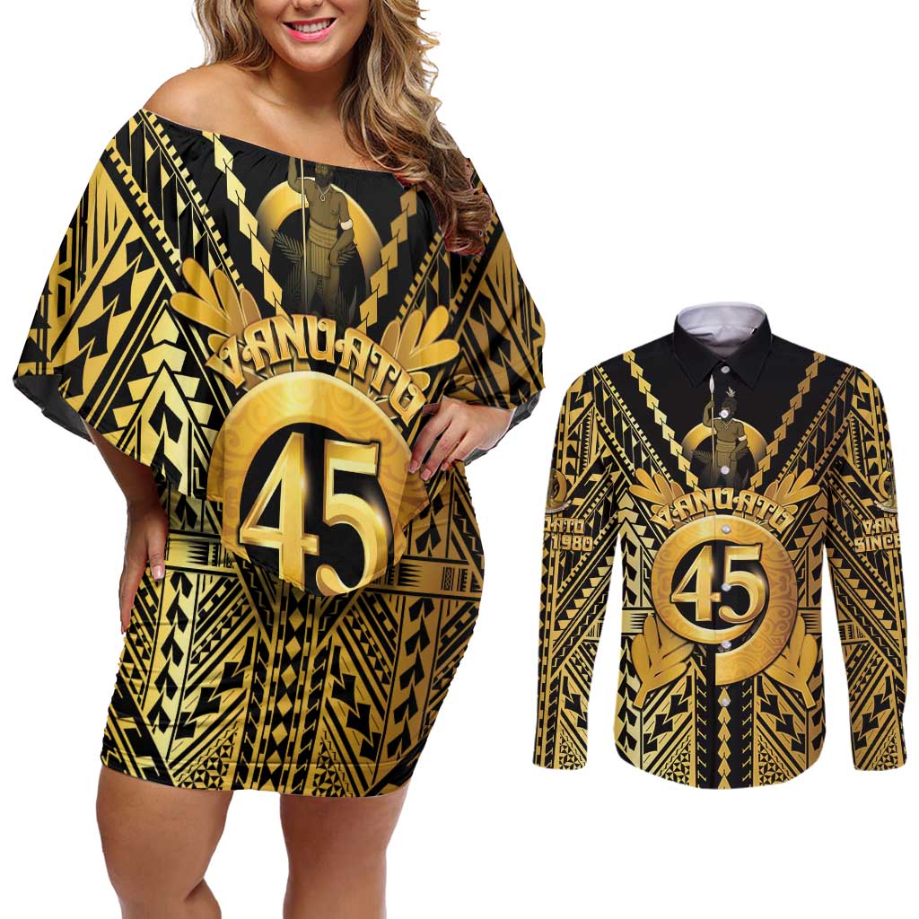 Vanuatu 45th Anniversary Of Independence Couples Matching Off Shoulder Short Dress and Long Sleeve Button Shirt Gold Style LT05 Gold - Polynesian Pride