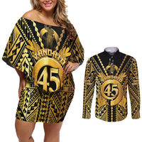 Vanuatu 45th Anniversary Of Independence Couples Matching Off Shoulder Short Dress and Long Sleeve Button Shirt Gold Style LT05 Gold - Polynesian Pride