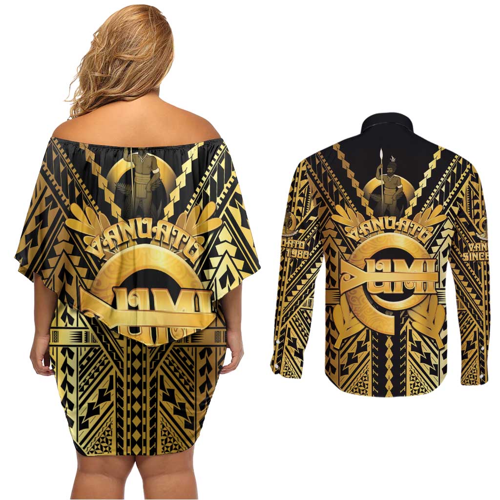 Vanuatu 45th Anniversary Of Independence Couples Matching Off Shoulder Short Dress and Long Sleeve Button Shirt Gold Style LT05 - Polynesian Pride