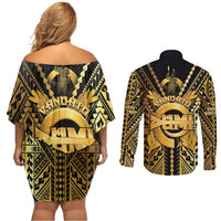 Vanuatu 45th Anniversary Of Independence Couples Matching Off Shoulder Short Dress and Long Sleeve Button Shirt Gold Style LT05 - Polynesian Pride