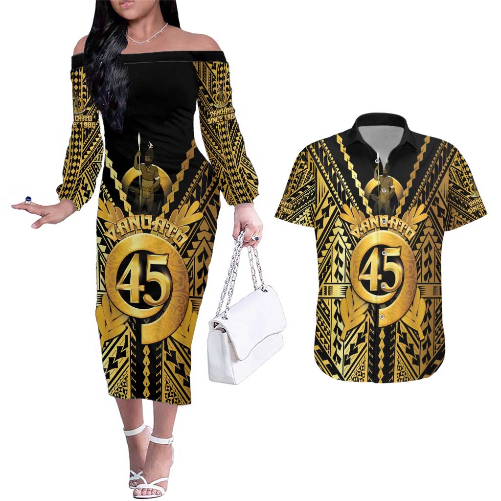 Vanuatu 45th Anniversary Of Independence Couples Matching Off The Shoulder Long Sleeve Dress and Hawaiian Shirt Gold Style LT05 Gold - Polynesian Pride