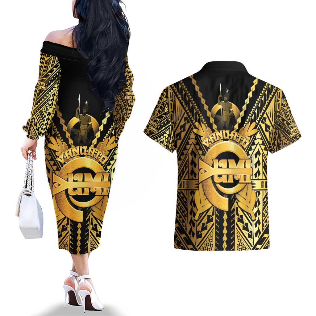 Vanuatu 45th Anniversary Of Independence Couples Matching Off The Shoulder Long Sleeve Dress and Hawaiian Shirt Gold Style LT05 - Polynesian Pride