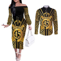 Vanuatu 45th Anniversary Of Independence Couples Matching Off The Shoulder Long Sleeve Dress and Long Sleeve Button Shirt Gold Style LT05 Gold - Polynesian Pride
