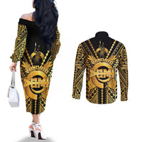 Vanuatu 45th Anniversary Of Independence Couples Matching Off The Shoulder Long Sleeve Dress and Long Sleeve Button Shirt Gold Style LT05 - Polynesian Pride