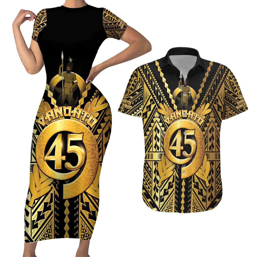 Vanuatu 45th Anniversary Of Independence Couples Matching Short Sleeve Bodycon Dress and Hawaiian Shirt Gold Style LT05 Gold - Polynesian Pride