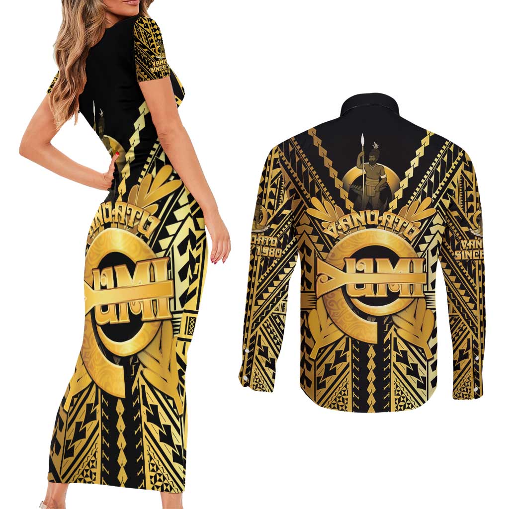 Vanuatu 45th Anniversary Of Independence Couples Matching Short Sleeve Bodycon Dress and Long Sleeve Button Shirt Gold Style LT05 - Polynesian Pride