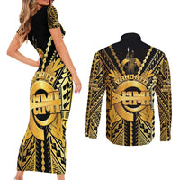 Vanuatu 45th Anniversary Of Independence Couples Matching Short Sleeve Bodycon Dress and Long Sleeve Button Shirt Gold Style LT05 - Polynesian Pride