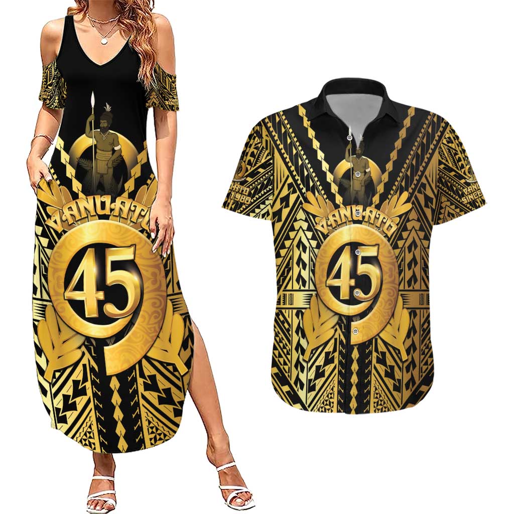Vanuatu 45th Anniversary Of Independence Couples Matching Summer Maxi Dress and Hawaiian Shirt Gold Style LT05 Gold - Polynesian Pride
