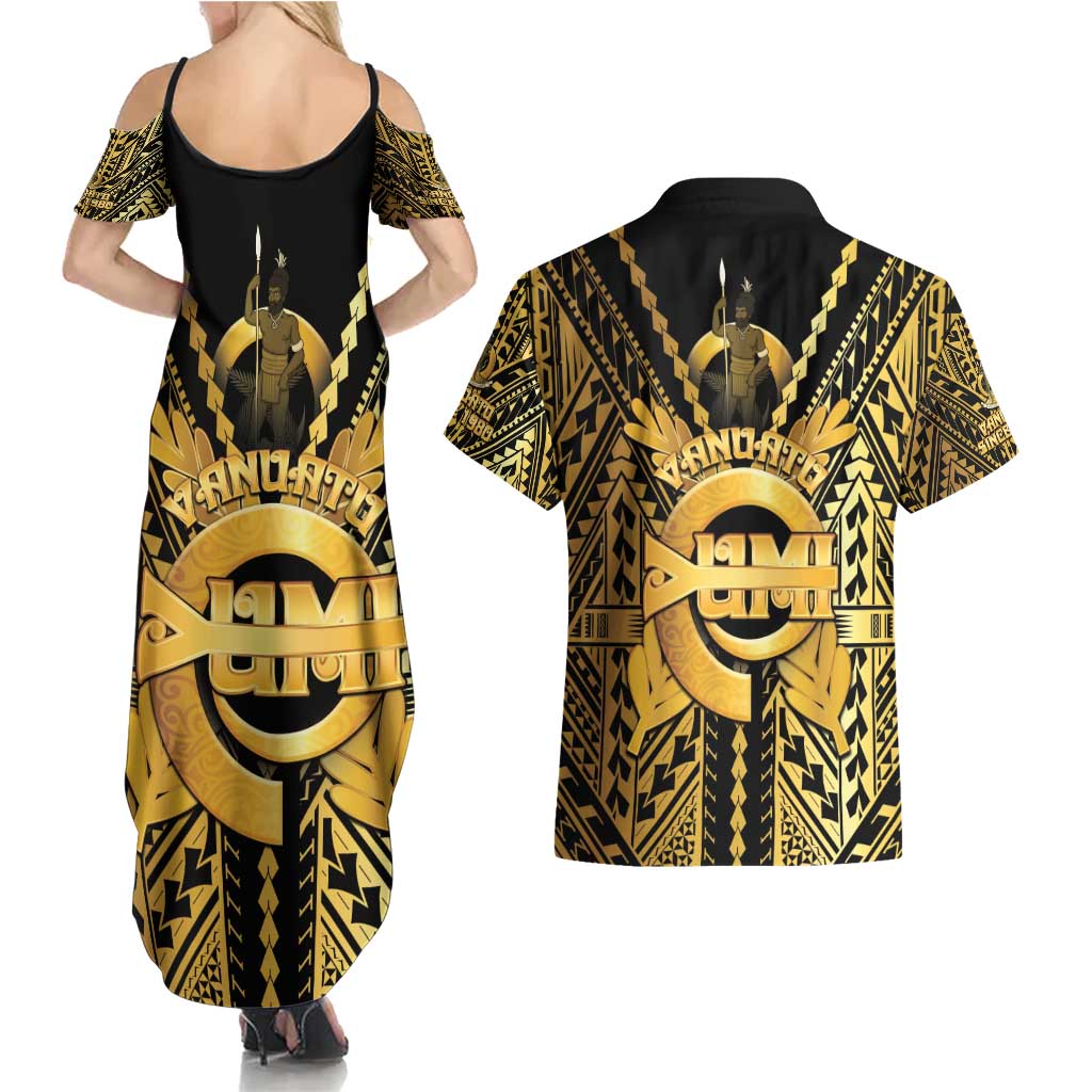 Vanuatu 45th Anniversary Of Independence Couples Matching Summer Maxi Dress and Hawaiian Shirt Gold Style LT05 - Polynesian Pride