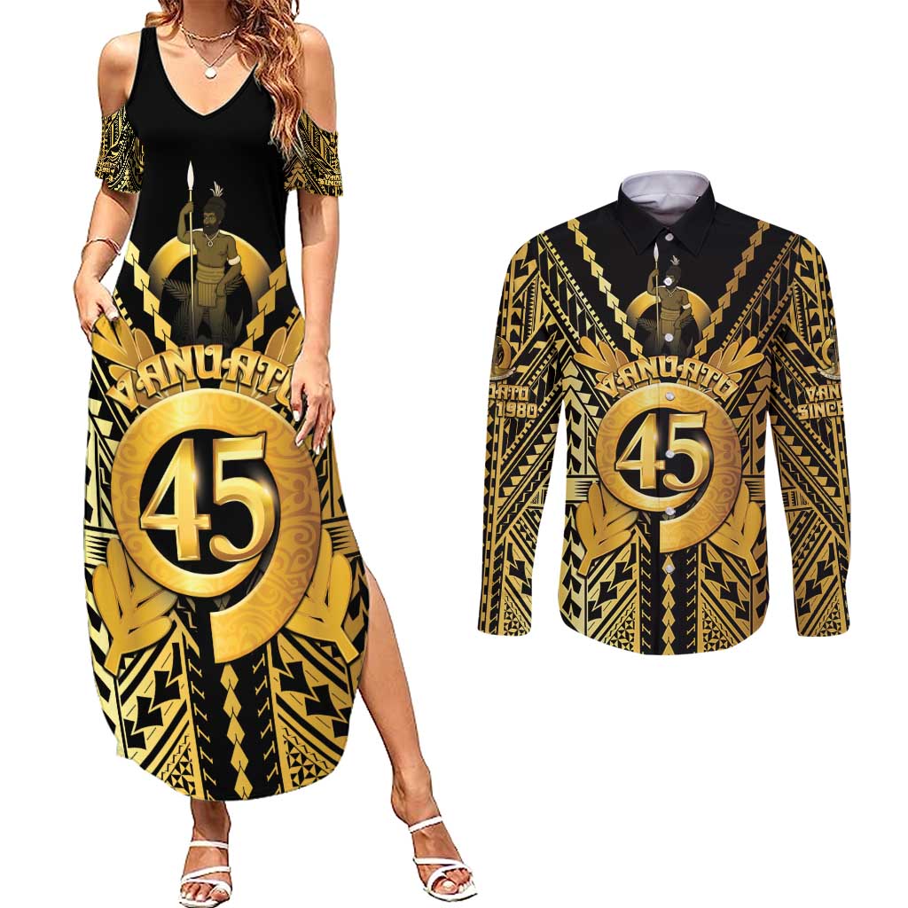 Vanuatu 45th Anniversary Of Independence Couples Matching Summer Maxi Dress and Long Sleeve Button Shirt Gold Style LT05 Gold - Polynesian Pride