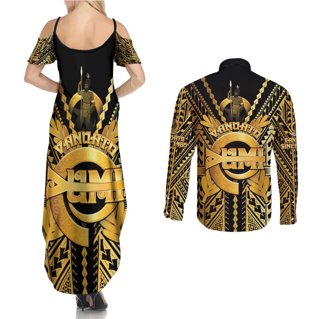 Vanuatu 45th Anniversary Of Independence Couples Matching Summer Maxi Dress and Long Sleeve Button Shirt Gold Style LT05 - Polynesian Pride
