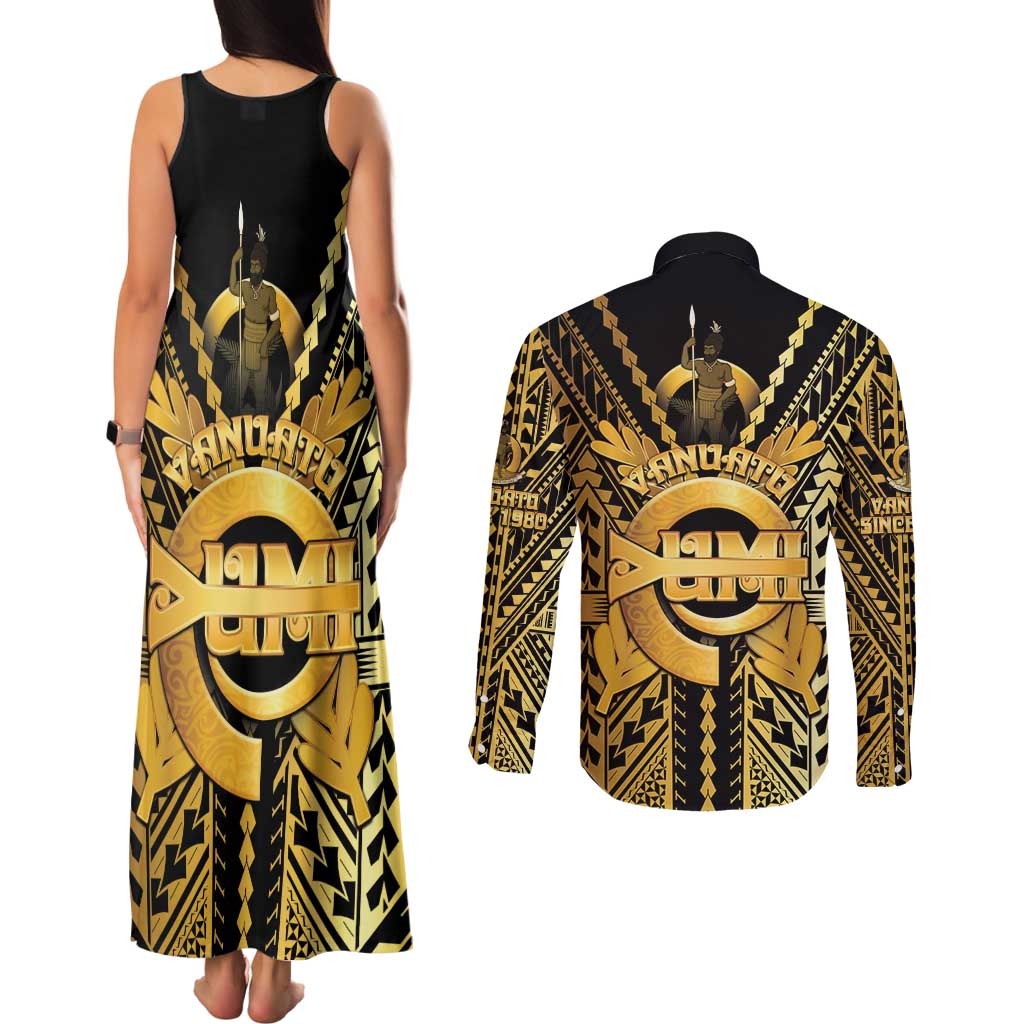 Vanuatu 45th Anniversary Of Independence Couples Matching Tank Maxi Dress and Long Sleeve Button Shirt Gold Style LT05 - Polynesian Pride