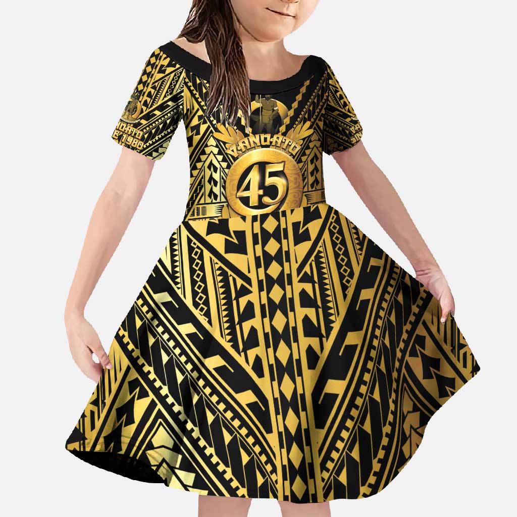 Vanuatu 45th Anniversary Of Independence Family Matching Long Sleeve Bodycon Dress and Hawaiian Shirt Gold Style LT05 Daughter's Dress Gold - Polynesian Pride