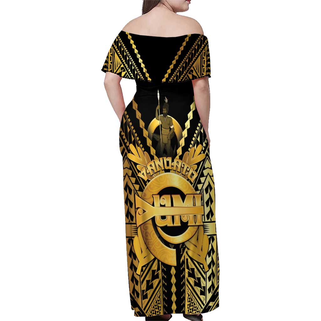 Vanuatu 45th Anniversary Of Independence Family Matching Off Shoulder Maxi Dress and Hawaiian Shirt Gold Style LT05 - Polynesian Pride