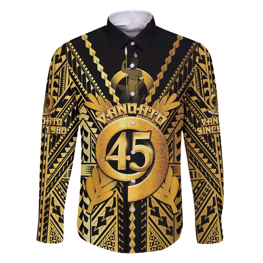 Vanuatu 45th Anniversary Of Independence Family Matching Off Shoulder Short Dress and Hawaiian Shirt Gold Style LT05 Dad's Shirt - Long Sleeve Gold - Polynesian Pride