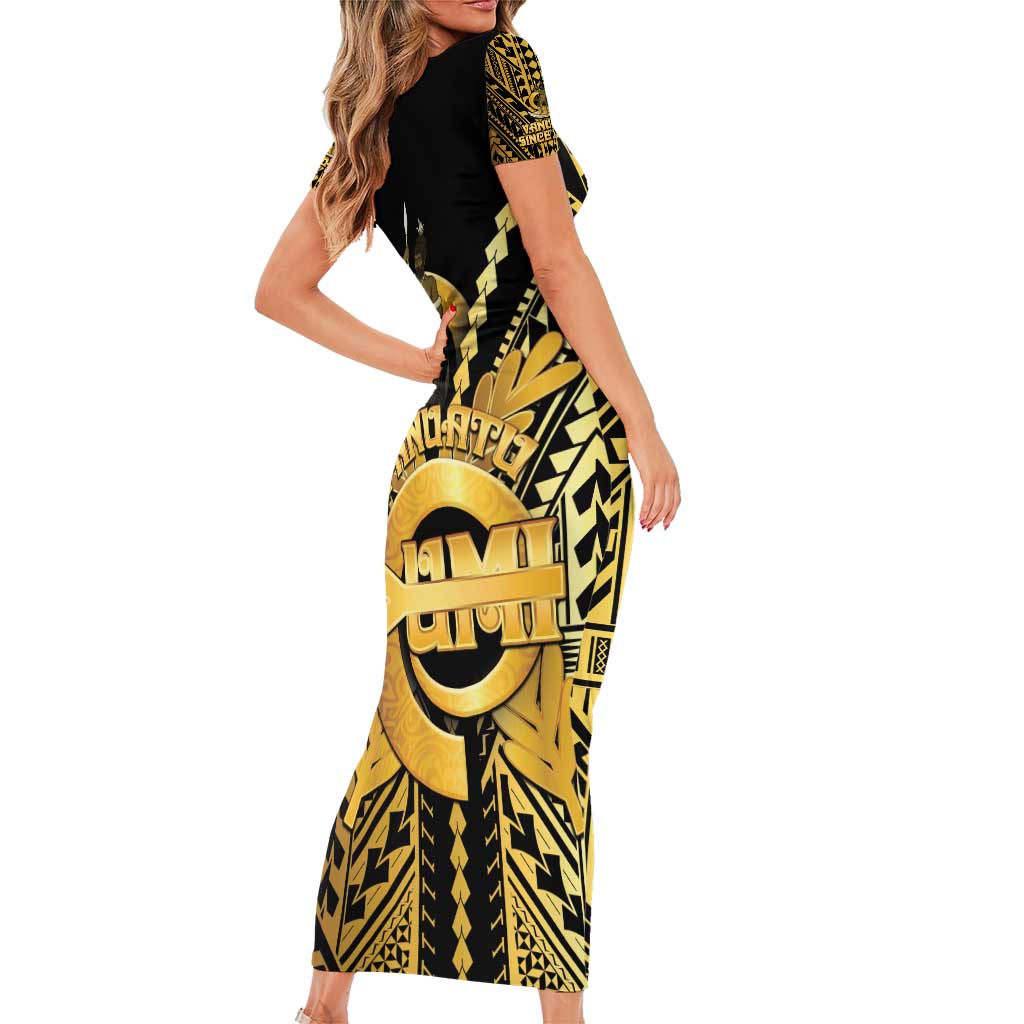 Vanuatu 45th Anniversary Of Independence Family Matching Short Sleeve Bodycon Dress and Hawaiian Shirt Gold Style LT05 - Polynesian Pride