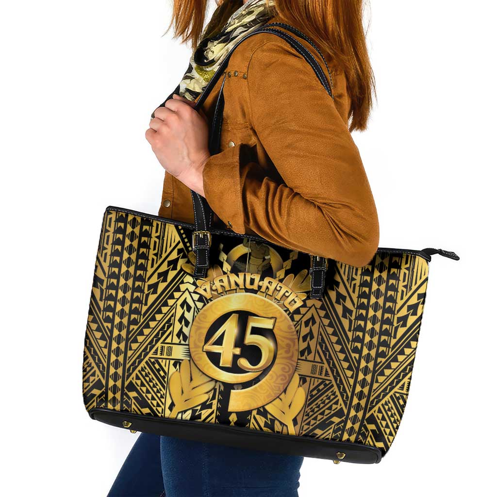 Vanuatu 45th Anniversary Of Independence Leather Tote Bag Gold Style - Polynesian Pride