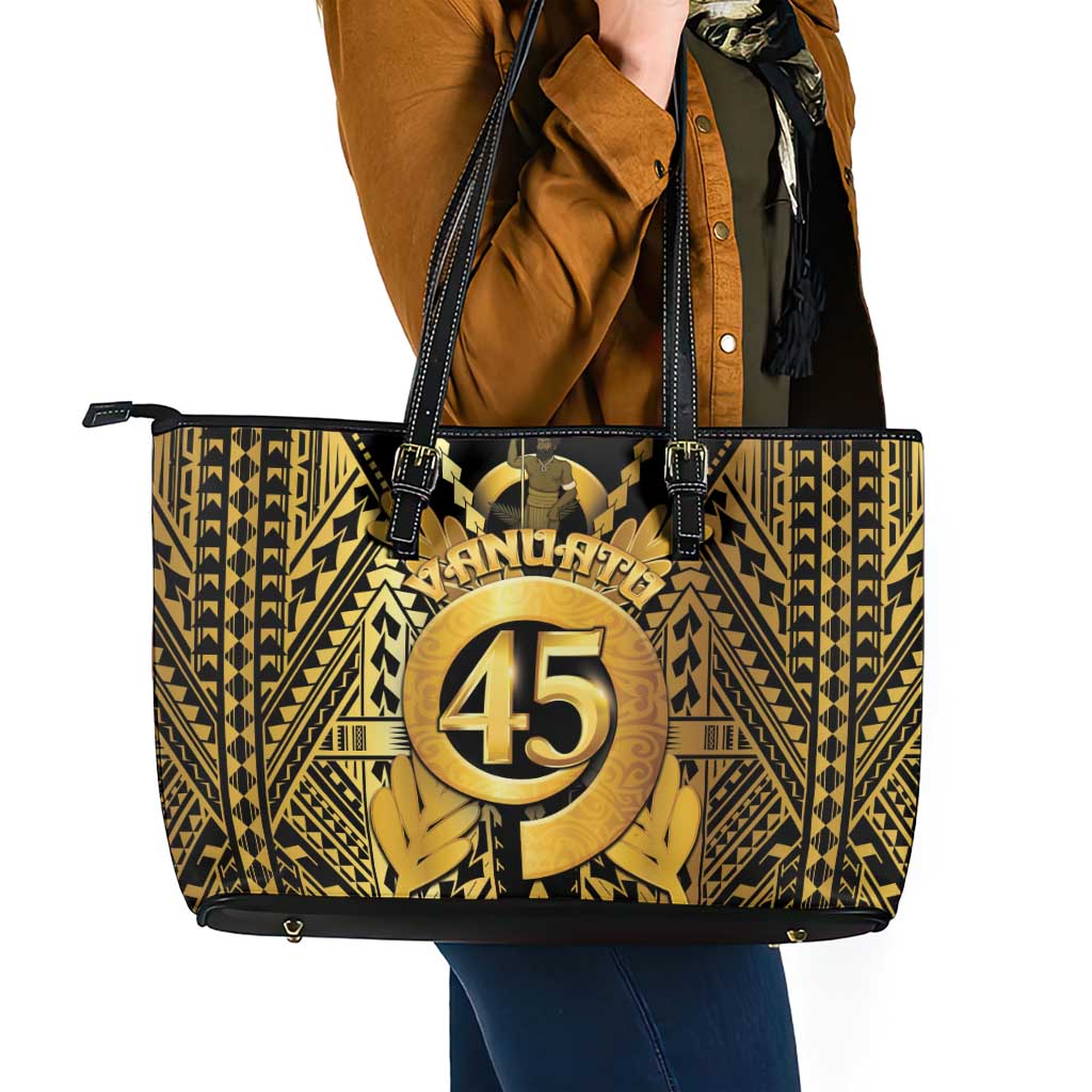 Vanuatu 45th Anniversary Of Independence Leather Tote Bag Gold Style - Polynesian Pride
