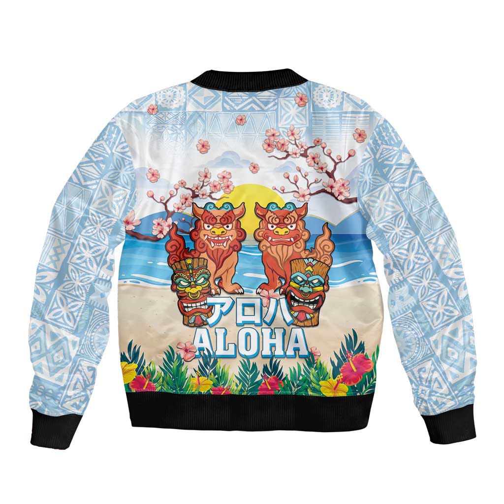 Hawaii And Japan Okinawa Bomber Jacket Aloha Gozaimasu Tiki With Shisa
