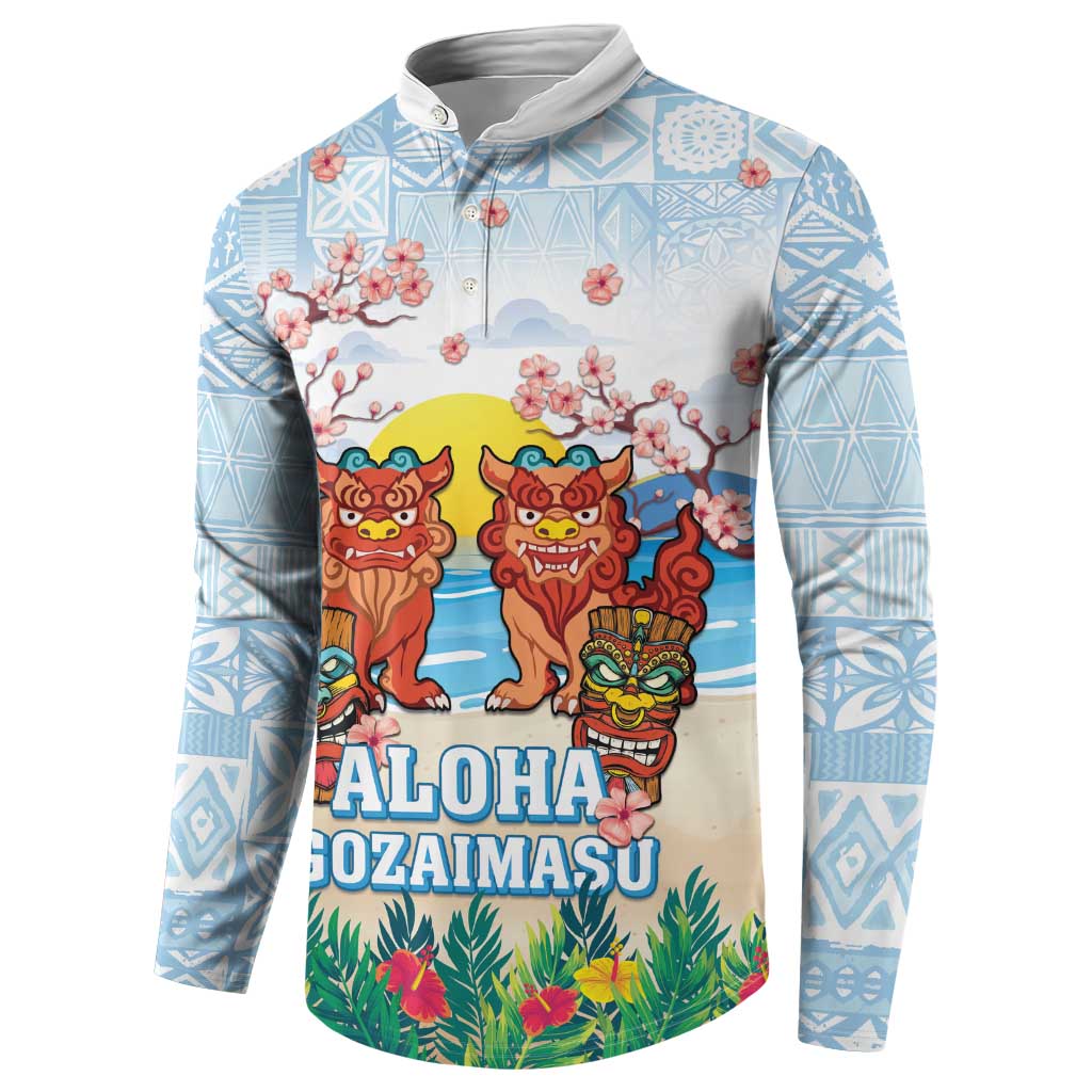 Hawaii And Japan Okinawa Button Sweatshirt Aloha Gozaimasu Tiki With Shisa