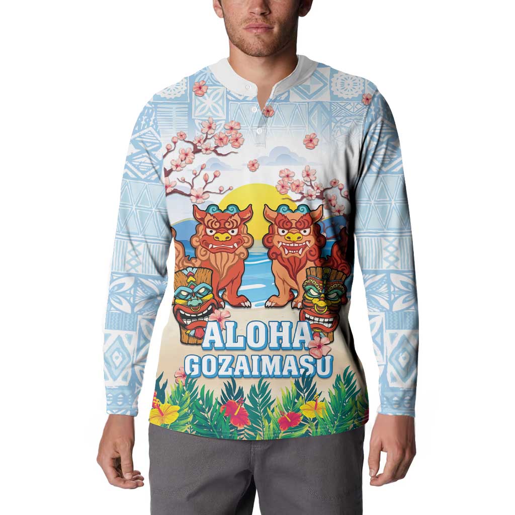 Hawaii And Japan Okinawa Button Sweatshirt Aloha Gozaimasu Tiki With Shisa