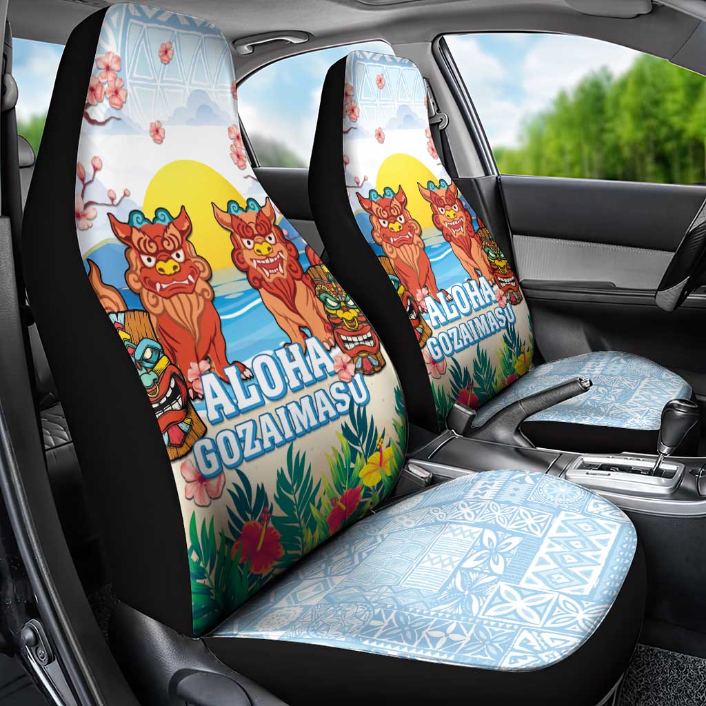 Hawaii And Japan Okinawa Car Seat Cover Aloha Gozaimasu Tiki With Shisa LT05 - Polynesian Pride
