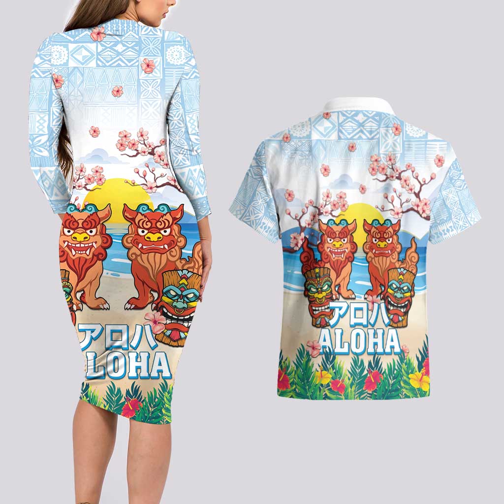 Hawaii And Japan Okinawa Couples Matching Long Sleeve Bodycon Dress and Hawaiian Shirt Aloha Gozaimasu Tiki With Shisa LT05 - Polynesian Pride
