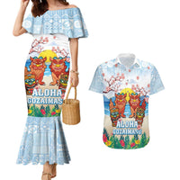Hawaii And Japan Okinawa Couples Matching Mermaid Dress and Hawaiian Shirt Aloha Gozaimasu Tiki With Shisa LT05 Blue - Polynesian Pride