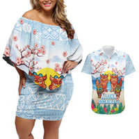 Hawaii And Japan Okinawa Couples Matching Off Shoulder Short Dress and Hawaiian Shirt Aloha Gozaimasu Tiki With Shisa