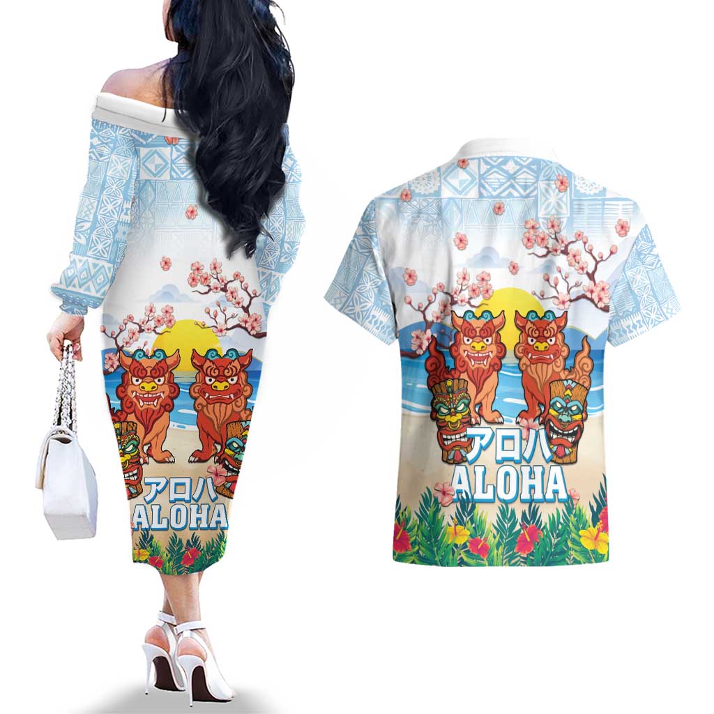 Hawaii And Japan Okinawa Couples Matching Off The Shoulder Long Sleeve Dress and Hawaiian Shirt Aloha Gozaimasu Tiki With Shisa