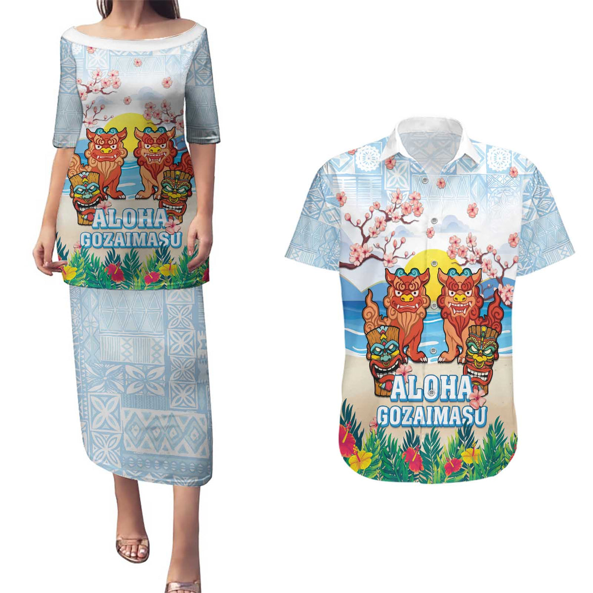 Hawaii And Japan Okinawa Couples Matching Puletasi and Hawaiian Shirt Aloha Gozaimasu Tiki With Shisa LT05 Blue - Polynesian Pride