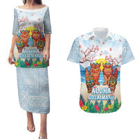 Hawaii And Japan Okinawa Couples Matching Puletasi and Hawaiian Shirt Aloha Gozaimasu Tiki With Shisa LT05 Blue - Polynesian Pride