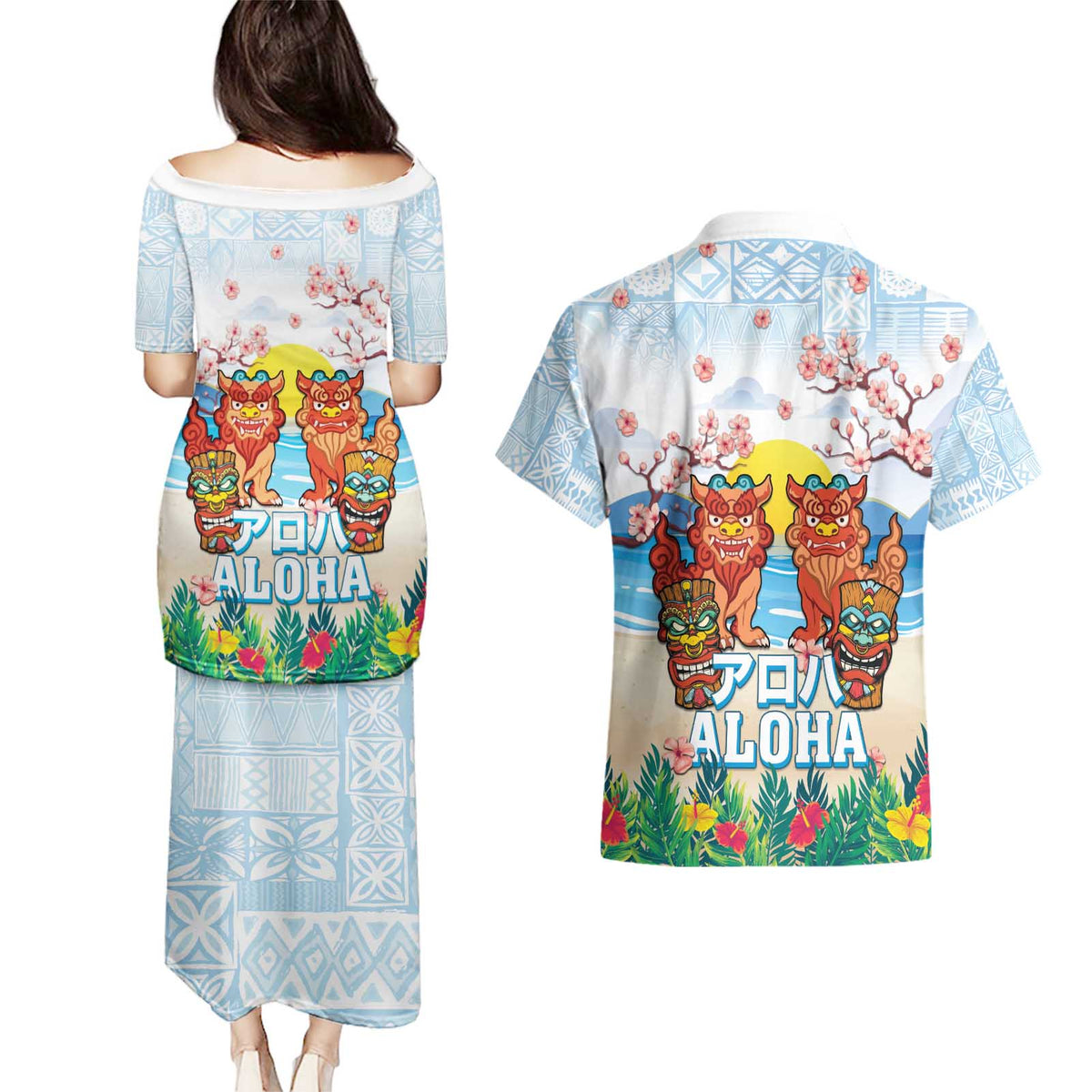 Hawaii And Japan Okinawa Couples Matching Puletasi and Hawaiian Shirt Aloha Gozaimasu Tiki With Shisa LT05 - Polynesian Pride