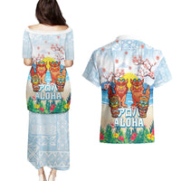 Hawaii And Japan Okinawa Couples Matching Puletasi and Hawaiian Shirt Aloha Gozaimasu Tiki With Shisa LT05 - Polynesian Pride