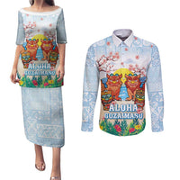 Hawaii And Japan Okinawa Couples Matching Puletasi and Long Sleeve Button Shirt Aloha Gozaimasu Tiki With Shisa LT05 Blue - Polynesian Pride